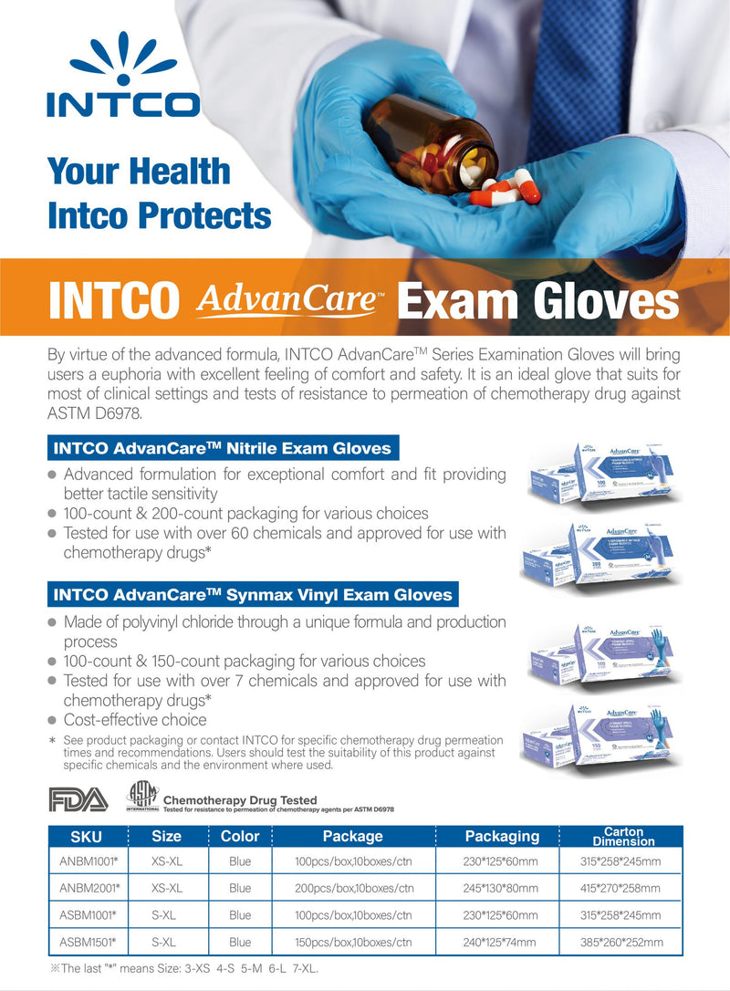 Intco AdvanCare Nitrile Medical Chemo Rated Disposable Exam Gloves, 1000/Case