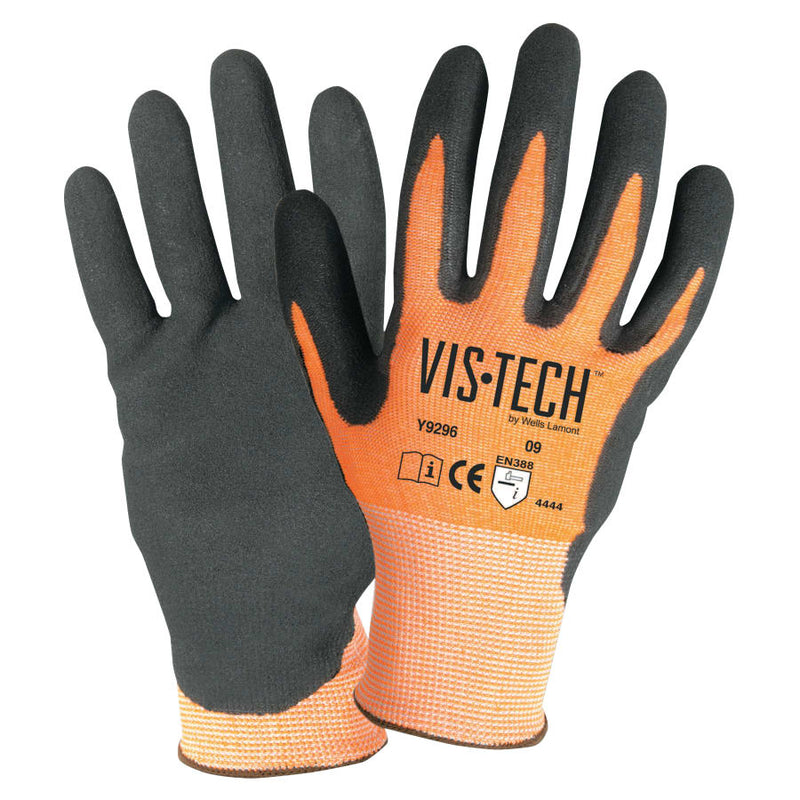 Vis-Tech Cut-Resistant Gloves With Nitrile Coated Palm, Medium, Orange/Black