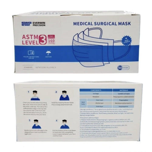 Surgical Disposable 3-Ply ASTM Level 3 Face Mask for Adults (Blue), 50/Box