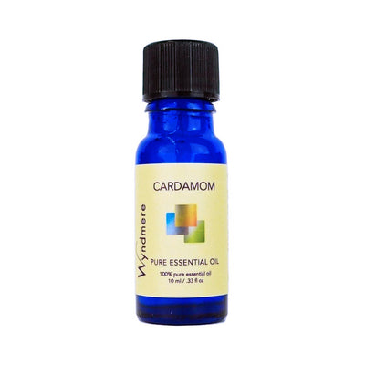 Cardamom - Blue bottle of Wyndmere Cardamom Essential Oil having a spicy, sweet aroma that aids concentration