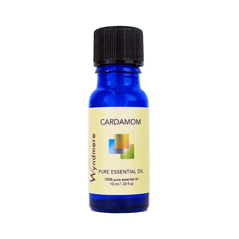 Cardamom - Blue bottle of Wyndmere Cardamom Essential Oil having a spicy, sweet aroma that aids concentration