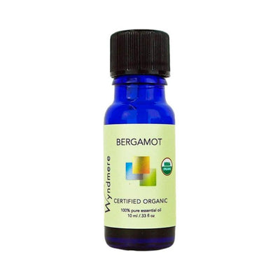 Bergamot - 10ml cobalt blue bottle of Wyndmere Certified Organic Bergamot Essential Oil having a citrusy, floral, uplifting aroma