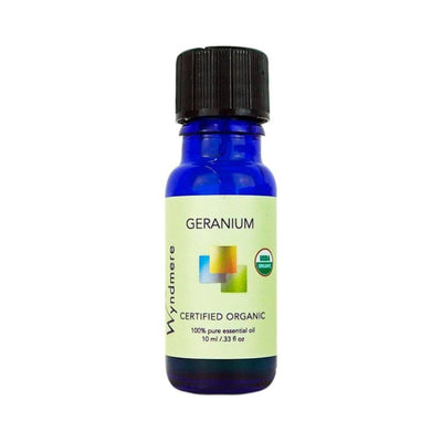 Geranium - 10ml cobalt blue bottle of Wyndmere Geranium Essential Oil having sweet, floral, uplifting aroma