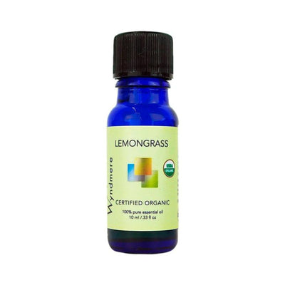 Lemongrass - Blue bottle of Wyndmere Certified Organic Lemongrass Essential Oil that has a grassy, lemon scent. Used in outdoor products.