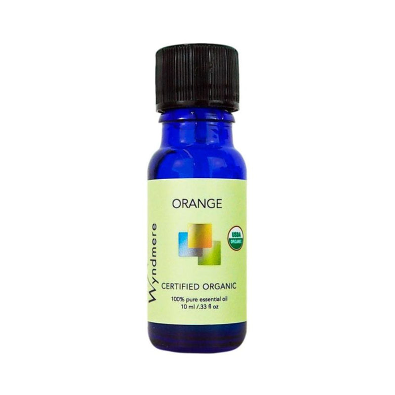 Orange - 10ml cobalt blue bottle of Wyndmere Certified Organic Orange Essential Oil that has a fresh, fruity, uplifting scent