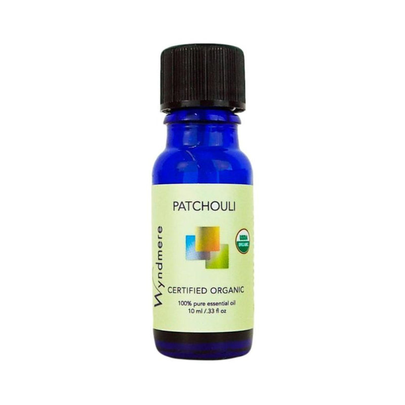 Patchouli - 10ml cobalt blue bottle of Wyndmere Certified Organic Patchouli Essential Oil that has a rich, earthy odor