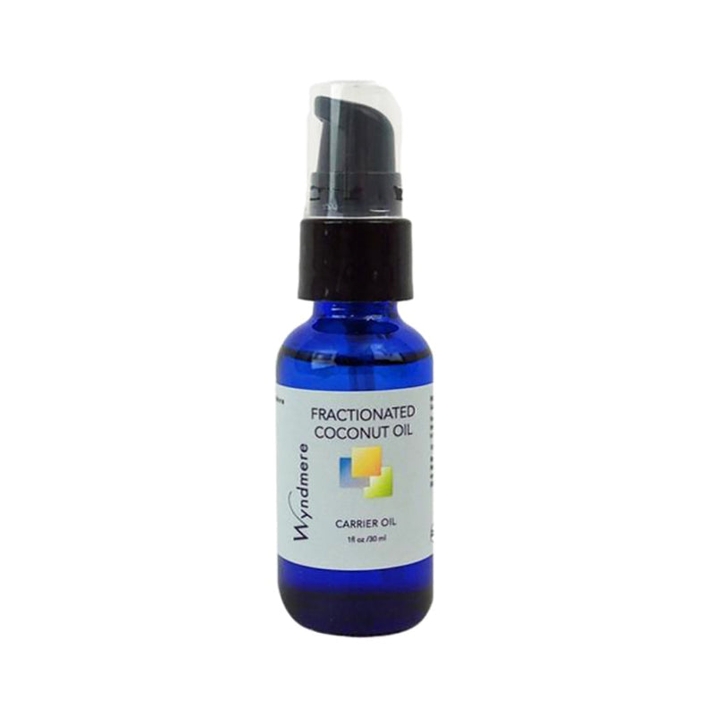 1oz cobalt blue bottle of Wyndmere Fractionated Coconut Oil with treatment pump