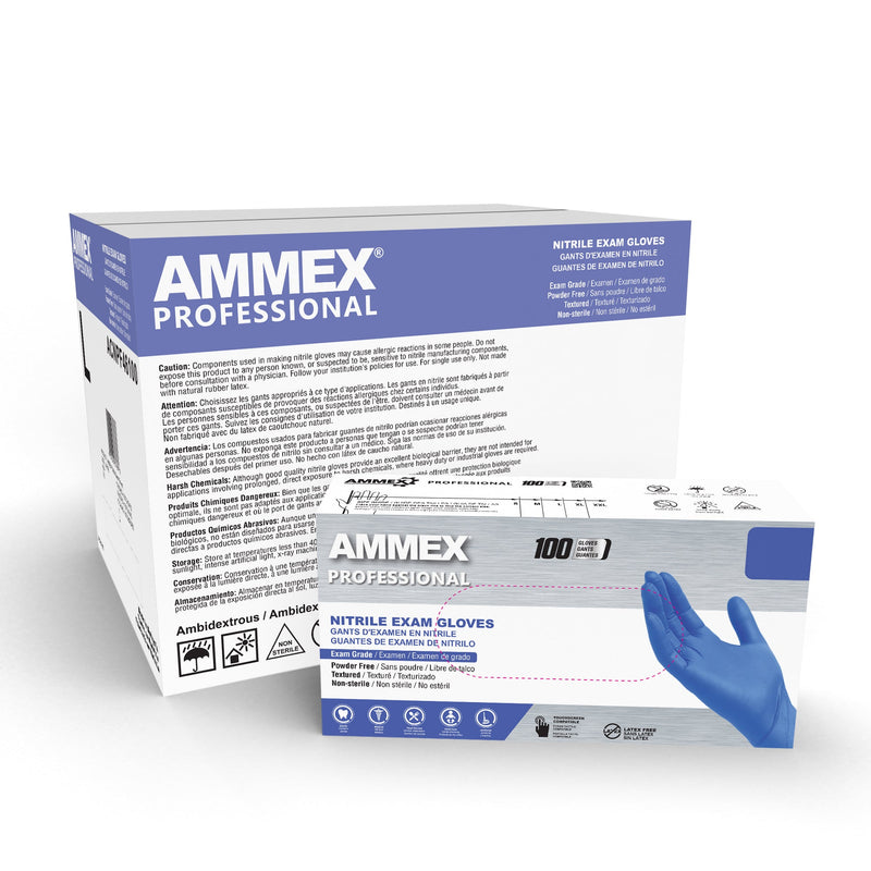 AMMEX Exam Blue Nitrile PF Disposable Gloves