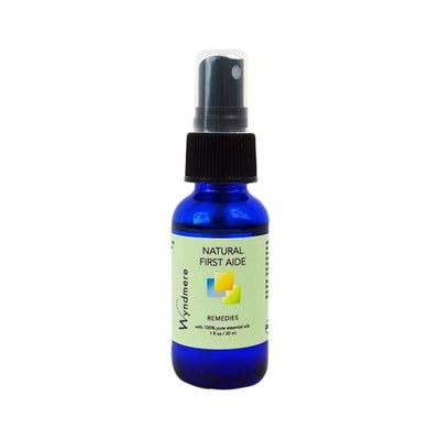 1oz cobalt blue spray bottle of Wyndmere Natural First Aide remedy handy for traveling