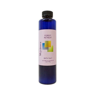 6 ounce cobalt blue bottle of Wyndmere Forest Retreat Bath Salt to help find inner peace and calm