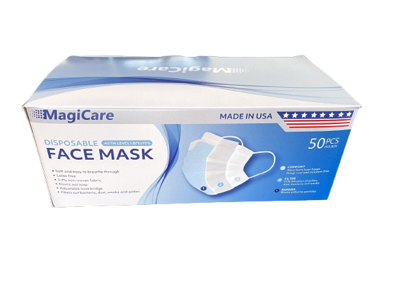 MagiCare Made in USA 3-Ply ASTM Level 3 Non-Medical Face Masks (Blue, White or Black), 2000/Case