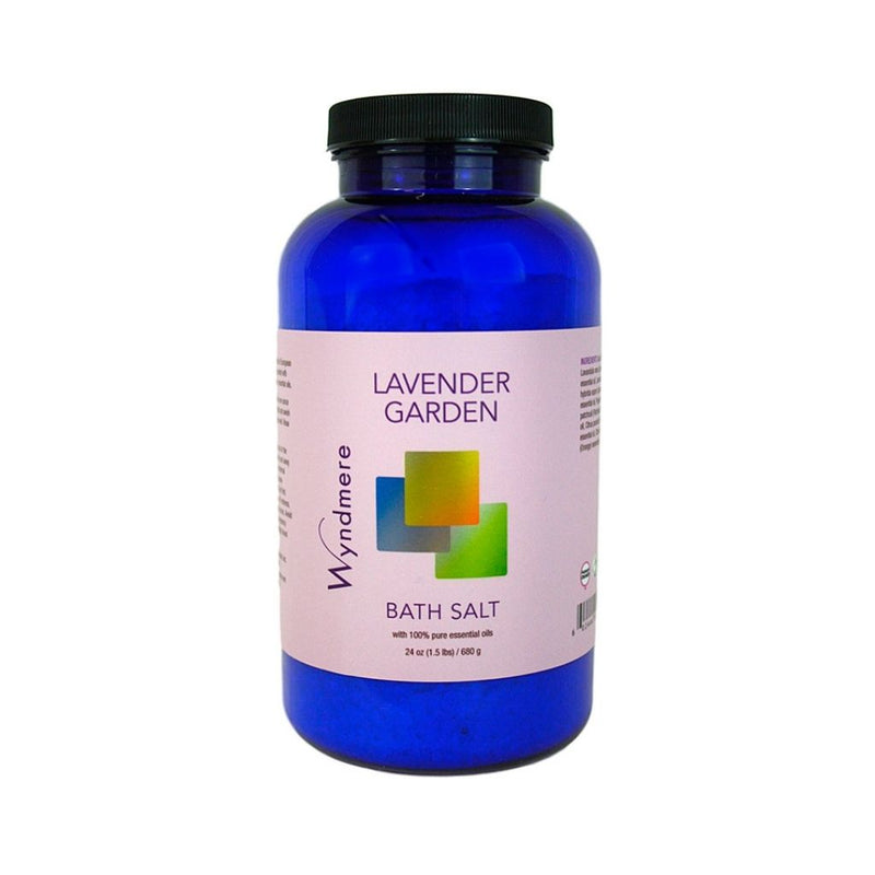 24 ounce cobalt blue bottle of Wyndmere Lavender Gardens Bath Salt made with calming and restful essential oils