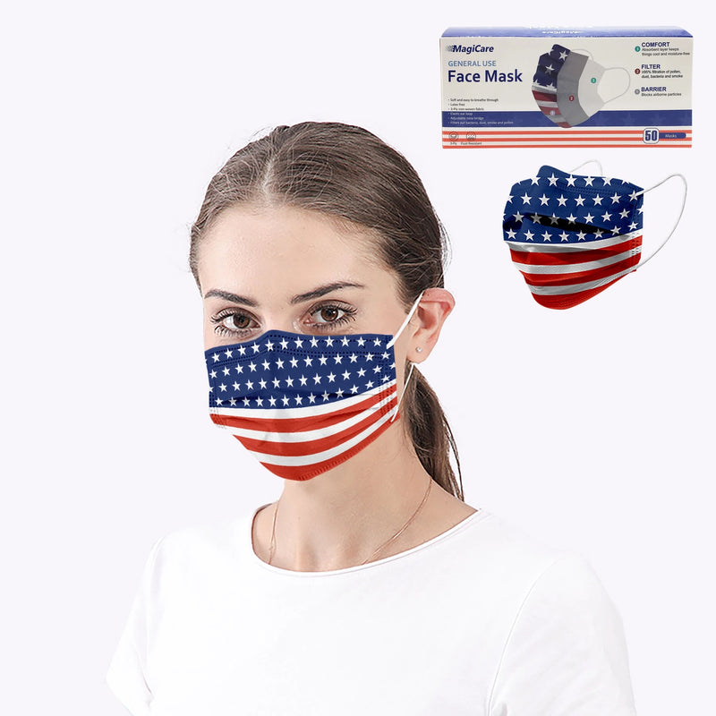 MagiCare 3-Ply Non-Medical Level 1 Face Masks (USA Flag Print), 2000/Case