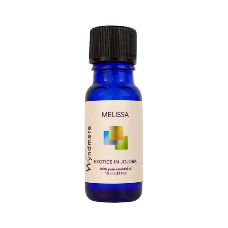 Wyndmere Melissa Essential Oil diluted in Jojoba in a 10ml cobalt blue bottle