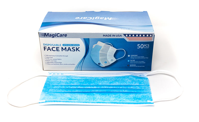 MagiCare Made in USA 3-Ply ASTM Level 3 Non-Medical Face Masks (Blue, White or Black), 2000/Case