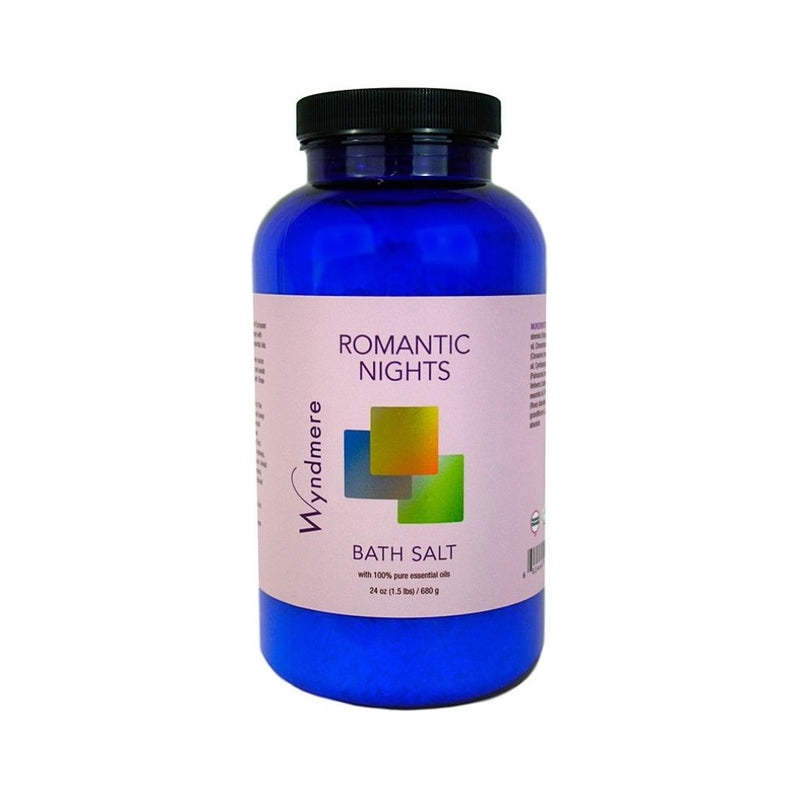 Elegantly fragrant essential oil blend of Wyndmere Romantic Nights Bath Salts in a 24 ounce cobalt blue bottle