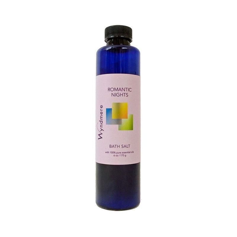 Elegantly fragrant essential oil blend of Wyndmere Romantic Nights Bath Salts in a 6 ounce cobalt blue bottle