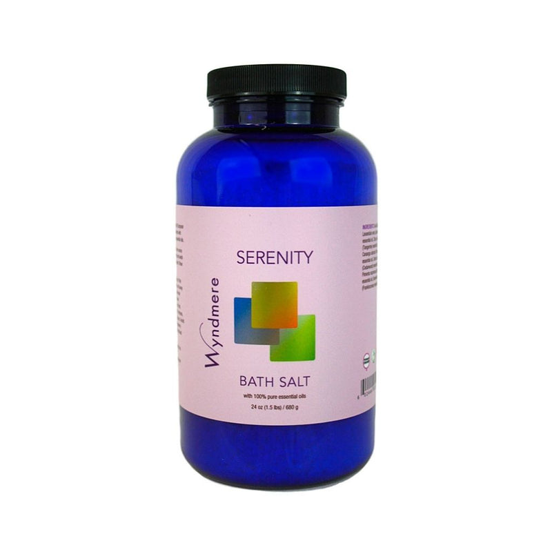 24 ounce cobalt blue bottle of Wyndmere Serenity Bath Salt helping to create calmness and peacefulness