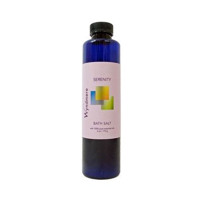 6 ounce cobalt blue bottle of Wyndmere Serenity Bath Salt helping to create calmness and peacefulness