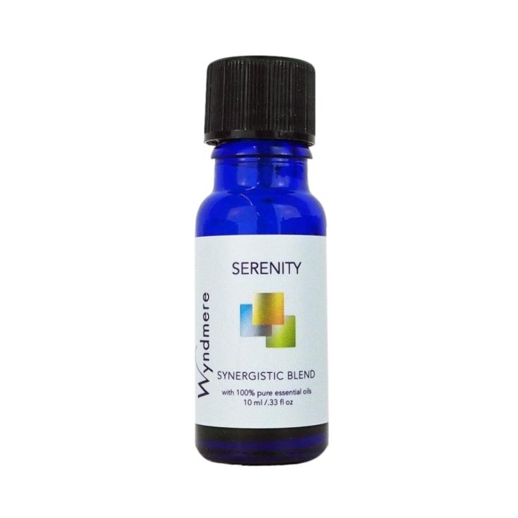 Serenity essential oil blend in a 10ml cobalt blue bottle to help create calmness and peacefulness