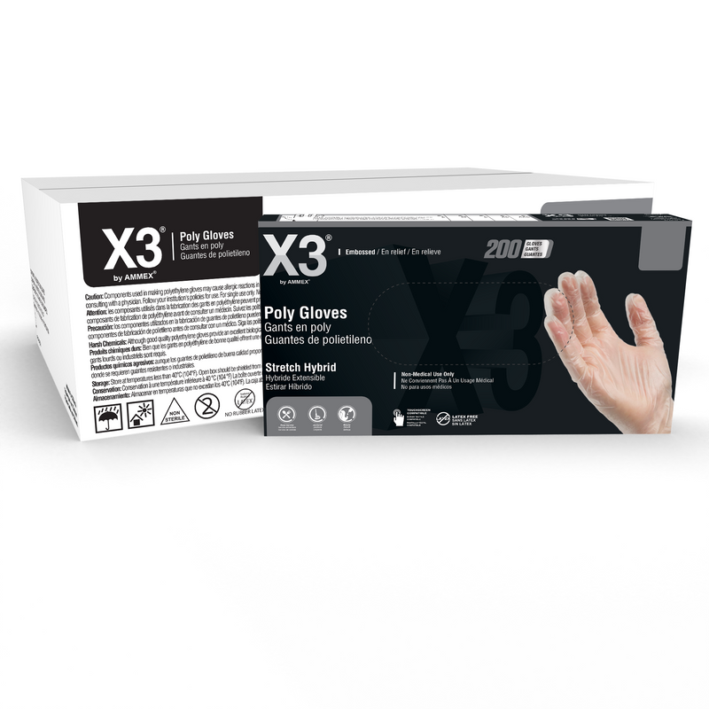 X3 Stretch Hybrid Poly Disposable Gloves, Clear