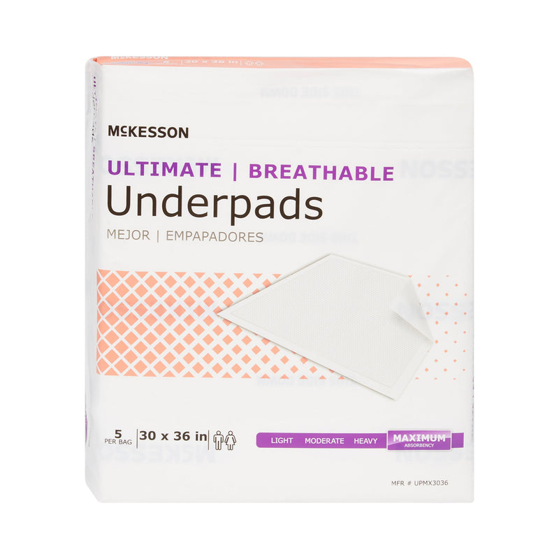 McKesson Ultimate Breathable Underpads, Maximum Protection, Heavy Absorbency, 30" x 36", White