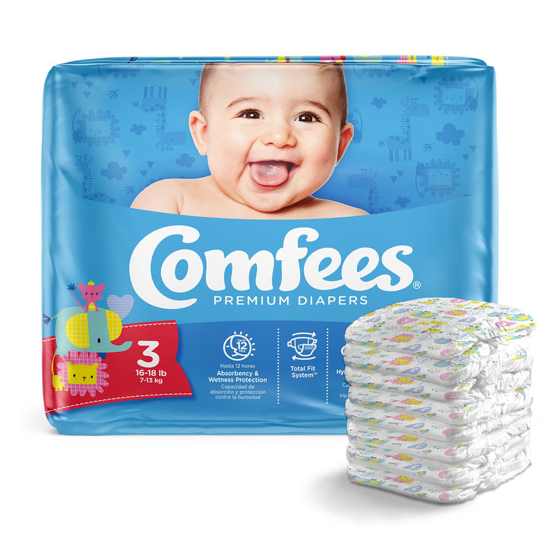 Attends Comfees Premium Diapers, Unisex, Baby, Tab Closure, Size 3