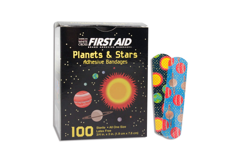 American White Cross First Aid Adhesive Strip, 5/8 x 2-1/4 Inch, Plastic, Rectangle, Kid Design, Planets and Stars, Sterile