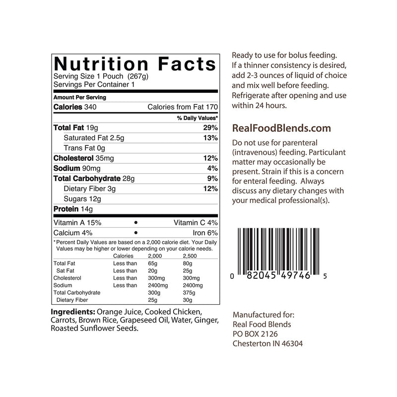 Real Food Blends™ Orange Chicken, Carrots & Brown Rice Tube Feeding Formula, 9.4 oz. Ready to Use Pouch