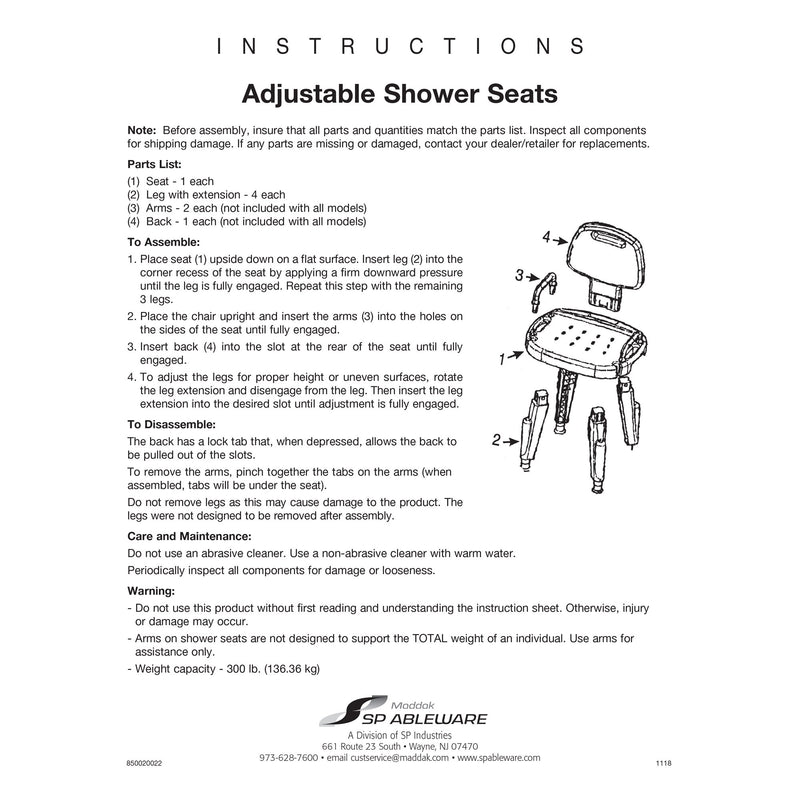 Maddak Adjustable Shower Seat with Arms and Back