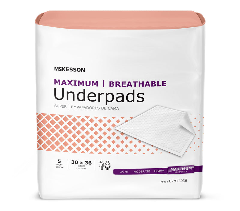 McKesson Ultimate Breathable Underpads, Maximum Protection, Heavy Absorbency, 30" x 36", White