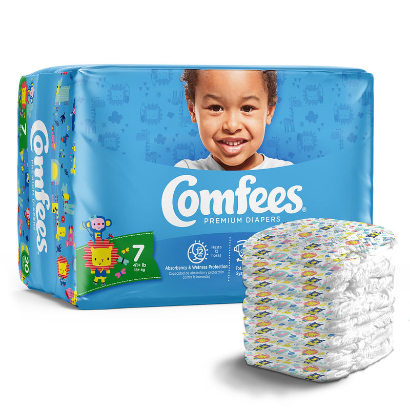 Comfees Premium Baby Diapers, Moderate-Absorbent, Tab Closure, Kid Design, Size 7