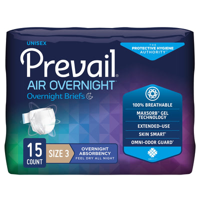 Prevail AIR Overnight Briefs, Heavy Absorbency, Unisex Adult, Disposable, Size 3, 58 to 70 Inch, Grey, 15/Bag, 4 Bags/Case