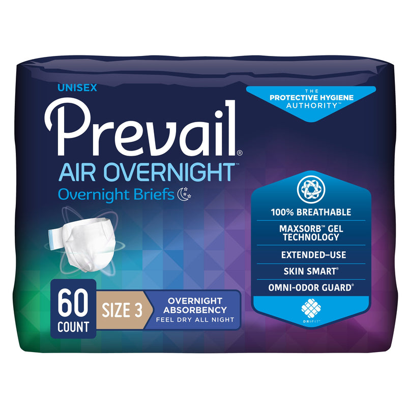 Prevail AIR Overnight Briefs, Heavy Absorbency, Unisex Adult, Disposable, Size 3, 58 to 70 Inch, Grey, 15/Bag, 4 Bags/Case