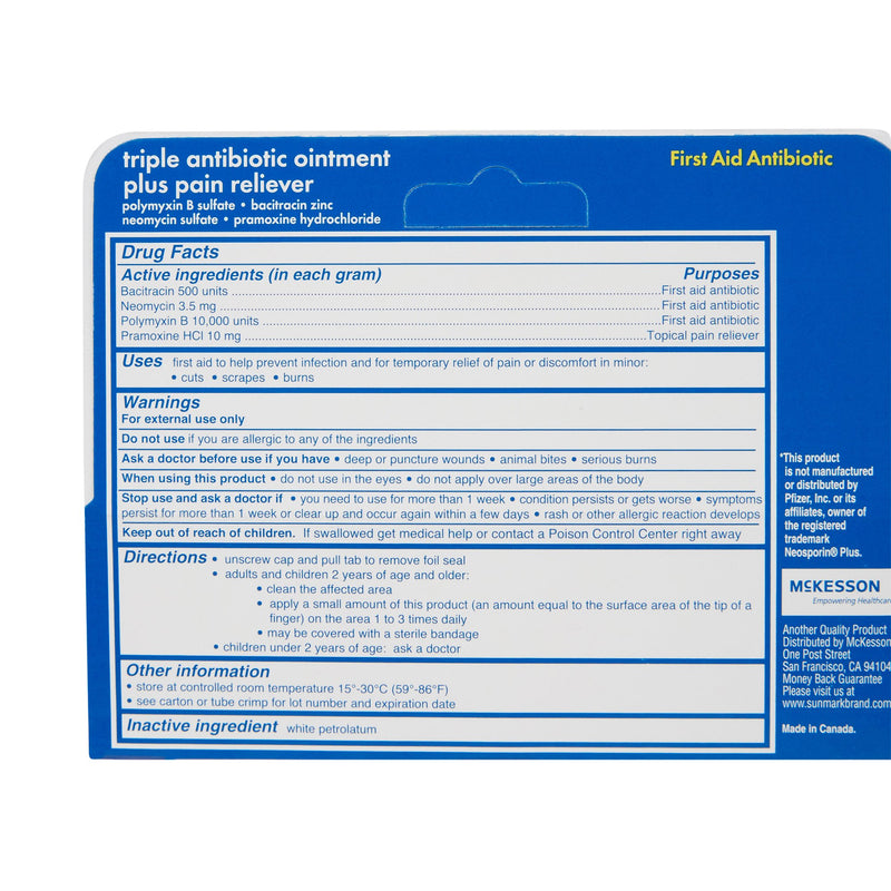 sunmark® Bacitracin / Neomycin / Polymyxin B / Pramoxine First Aid Antibiotic with Pain Relief, 1 oz. Tube