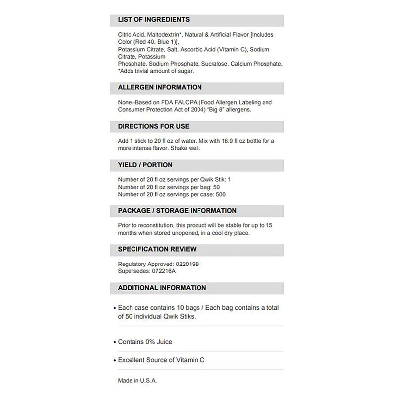 Sqwincher® Quik Stik® Zero Fruit Punch Electrolyte Replenishment Drink Mix, 0.11 oz. Packet