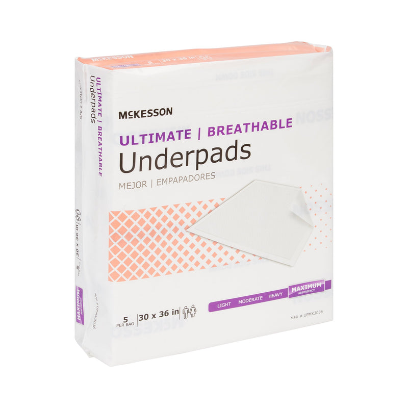 McKesson Ultimate Breathable Underpads, Maximum Protection, Heavy Absorbency, 30" x 36", White