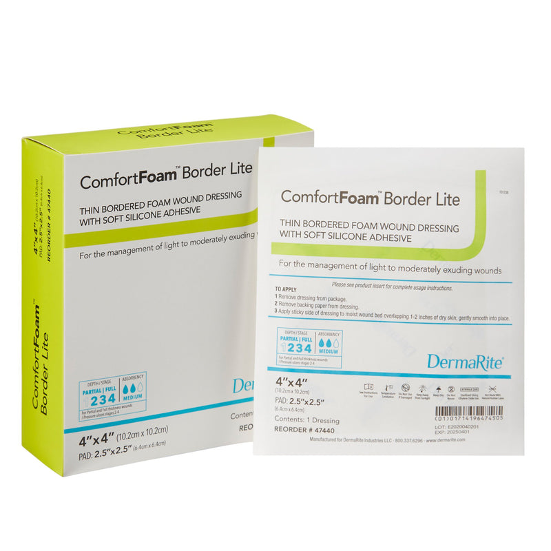 ComfortFoam™ Border Lite Silicone Adhesive with Border Thin Silicone Foam Dressing, 4 x 4 Inch