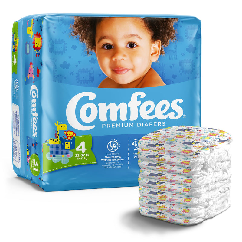 Attends Comfees Premium Baby Diapers, Tab Closure, Kid Design, Size 4