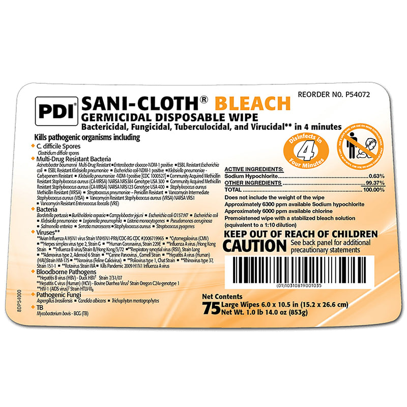 Sani-Cloth® Surface Disinfectant Cleaner Bleach Wipe, 75 Wipes per Canister
