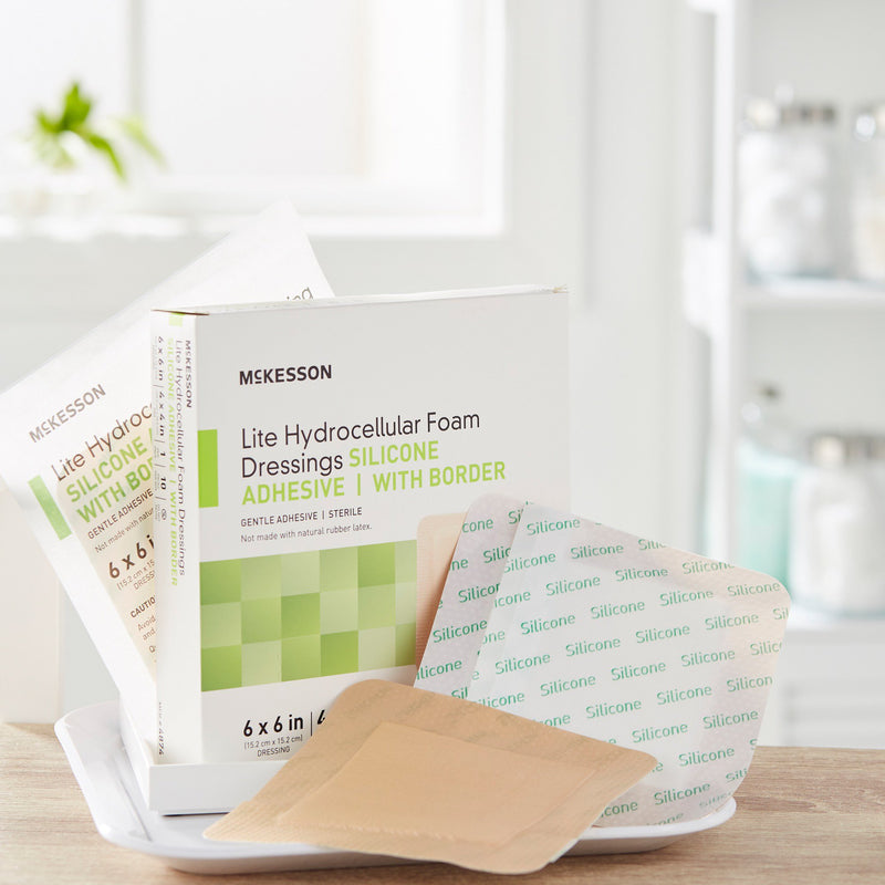 McKesson Lite Silicone Gel Adhesive with Border Thin Silicone Foam Dressing, 6 x 6 Inch