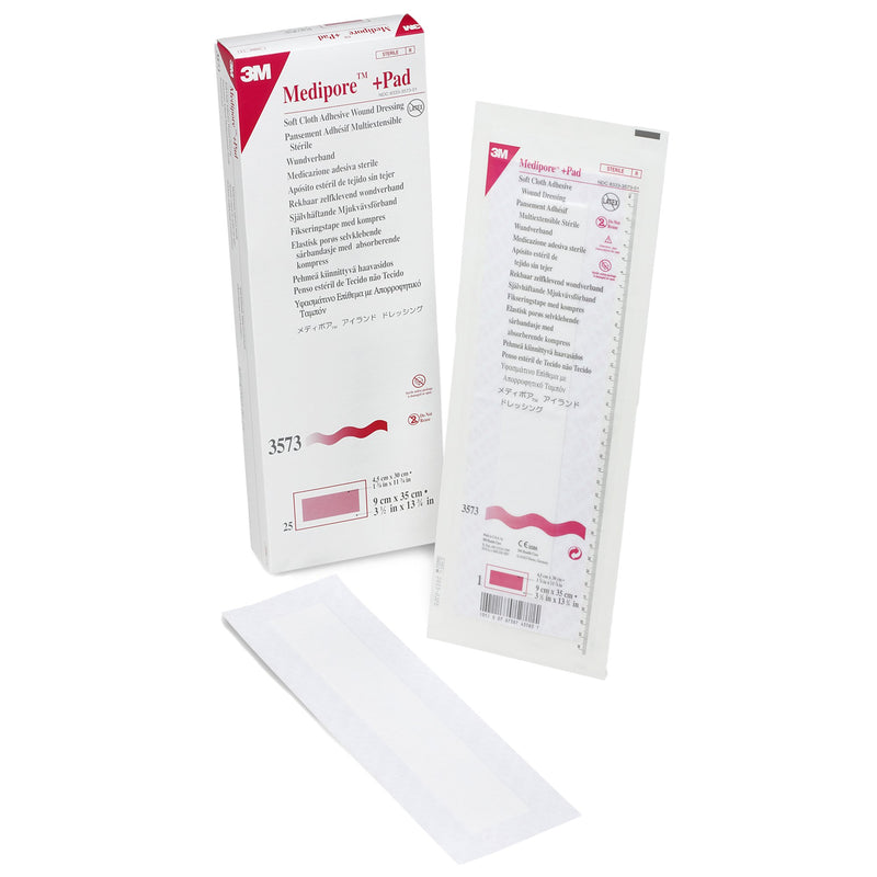 3M™ Medipore™ + Pad Soft Cloth Adhesive Dressing, 3½ x 13¾ Inch