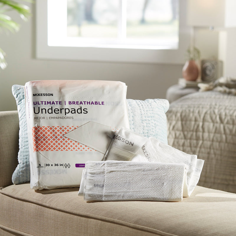 McKesson Ultimate Breathable Underpads, Maximum Protection, Heavy Absorbency, 30" x 36", White