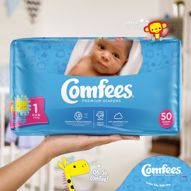 Attends Comfees Premium Diapers, Unisex, Tab Closure, Size 1