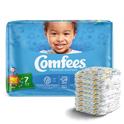 Comfees Premium Baby Diapers, Moderate-Absorbent, Tab Closure, Kid Design, Size 7