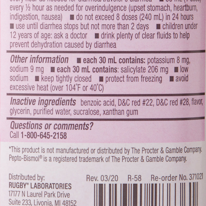 Rugby Bismuth Subsalicylate Anti-Diarrheal, 8-ounce Bottle