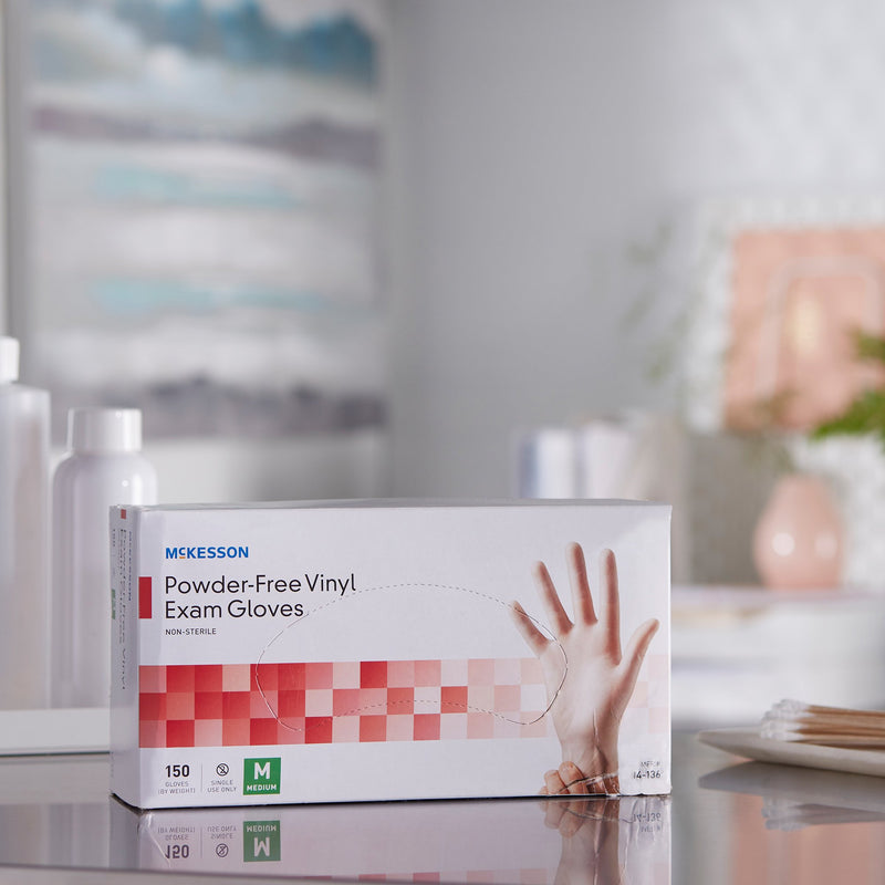 McKesson Non-Sterile, Powder-Free Vinyl Exam Gloves, Medium, Standard Cuff Length, Smooth Clear