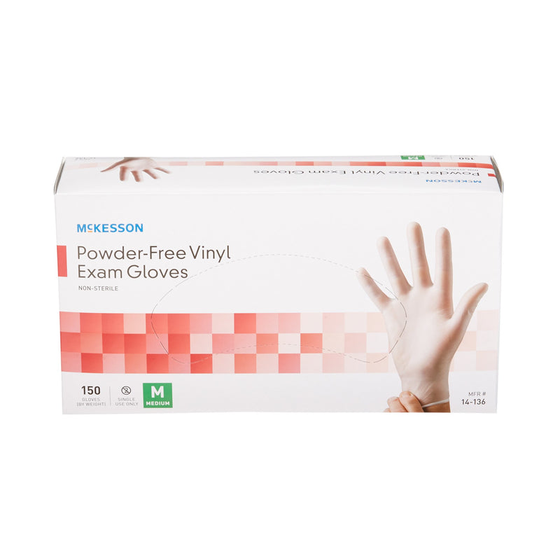 McKesson Non-Sterile, Powder-Free Vinyl Exam Gloves, Medium, Standard Cuff Length, Smooth Clear