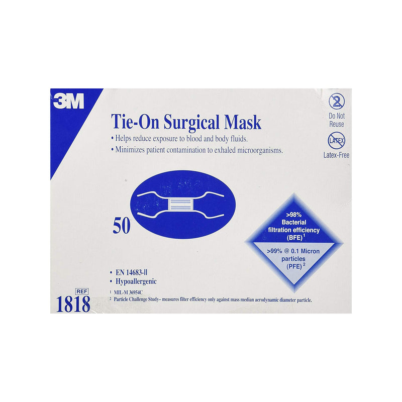 3M Surgical Mask, Latex-Free, Tie Closure, Pleated, White