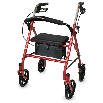 McKesson Folding Steel 4 Wheel Rollator, 12-Inch Seat Width, Red